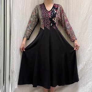 Black Floral Patchwork Midi Dress Vintage 90s Whimsygoth Boho Witchy